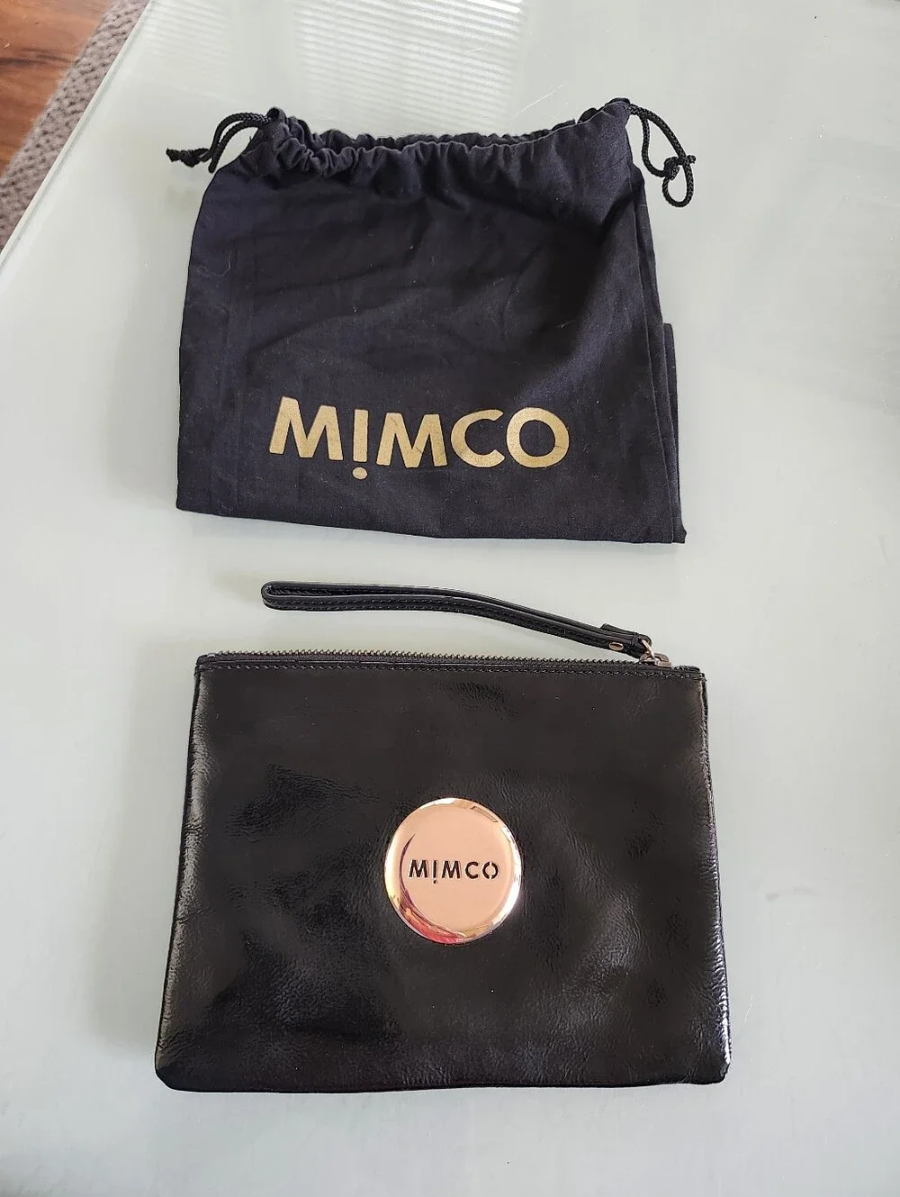 Mimco Black Patent Leather Wristlet with Rose Gold Logo Disc And Dustbag Lux New
